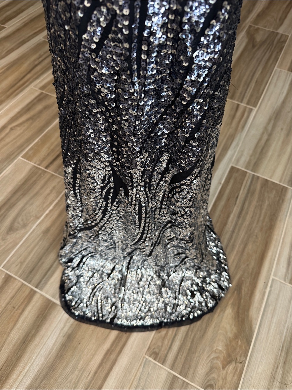 Betsy & Adam Black and Silver Sequin Long-Sleeve Evening Gown - Picture 3 of 4
